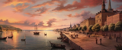 Historic Painting of Bordeaux Port at Sunset